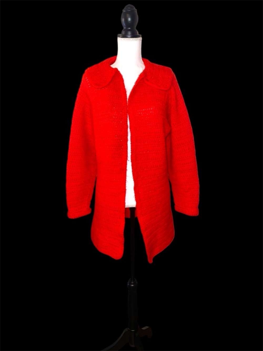 Hand Knit Cardigan Sweater Womens Medium Large Red Cozy Handmade Chunky